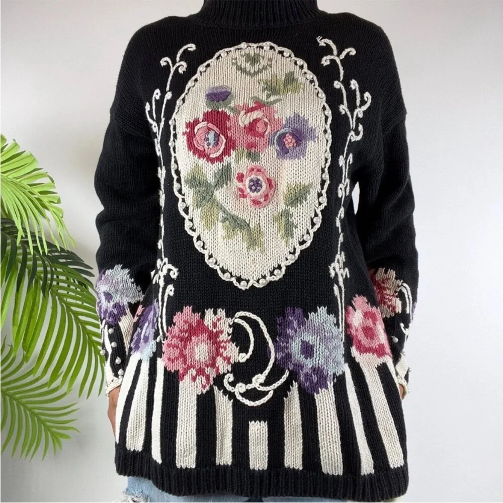 Women's Vintage Boaz Black Cottagecore Floral Oversized Knit Grandma Sweater / L